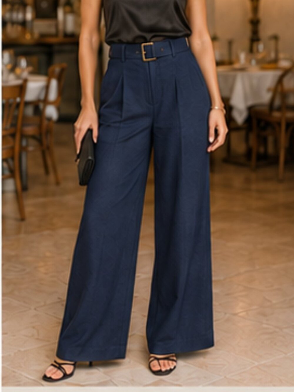 J.Jill Linen Stretch Navy Wide Straight-Leg Pants with Belt Size M